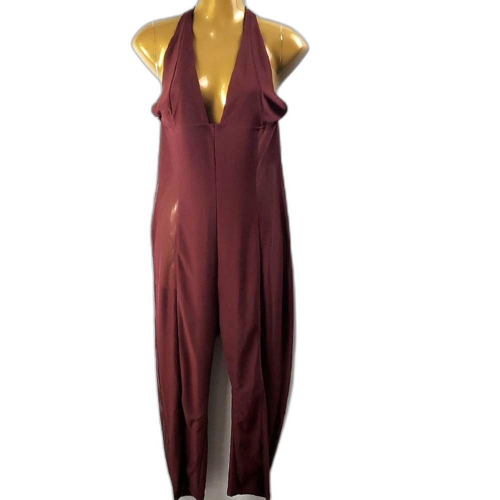 Elegant Burgundy Peek A Boo Halter Jumpsuit with Sheer Sides Sz XL NWT Bodycon